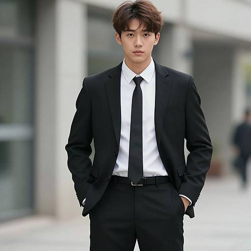 Photograph of an Asian man with short brown hair, wearing a black suit, white shirt, and black tie, standing confidently with hands in pockets,