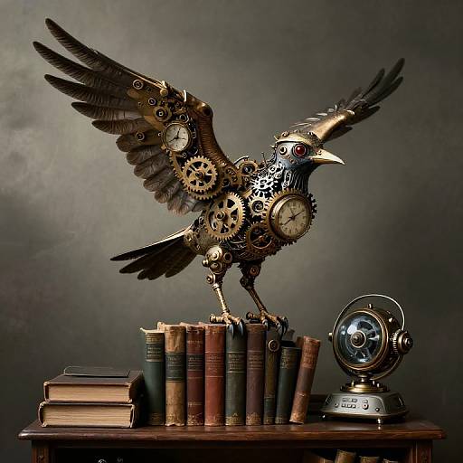 Steampunk mechanical crow with gears and clockwork parts, standing on vintage books, next to a brass clock, against a dark background.