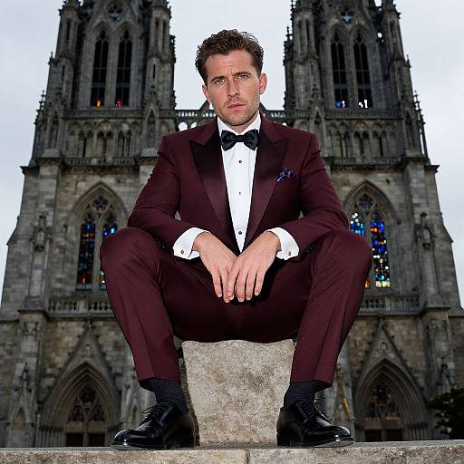 Photograph of a handsome man in a maroon tuxedo, black bow tie, and black shoes, squatting in front of a Gothic cathedral