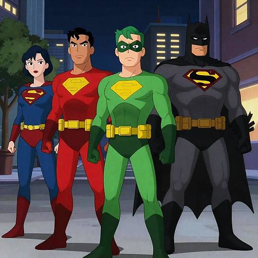 Dynamic Superheroes in Urban Night Scene