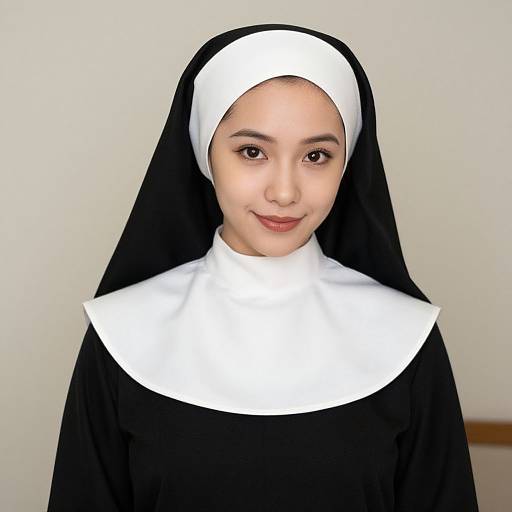 Photograph of a young Asian woman with light skin and brown eyes, wearing a traditional black and white nun's habit, smiling against a plain white background