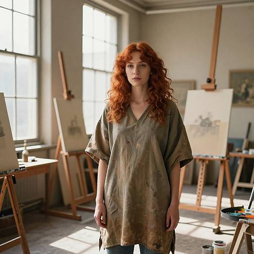 Photograph of a red-haired woman with curly hair, wearing a beige, slightly stained, loose tunic, standing in a sunlit art studio with