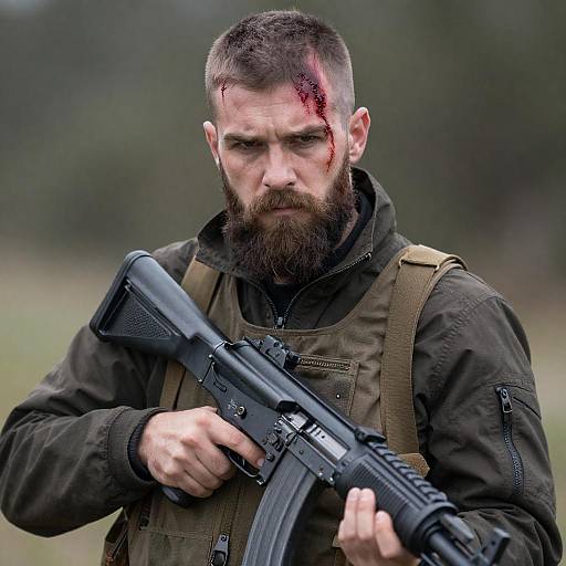 Serious Man with Assault Rifle Portrait