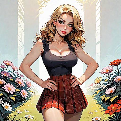 Blonde Woman in Plaid Skirt in Garden