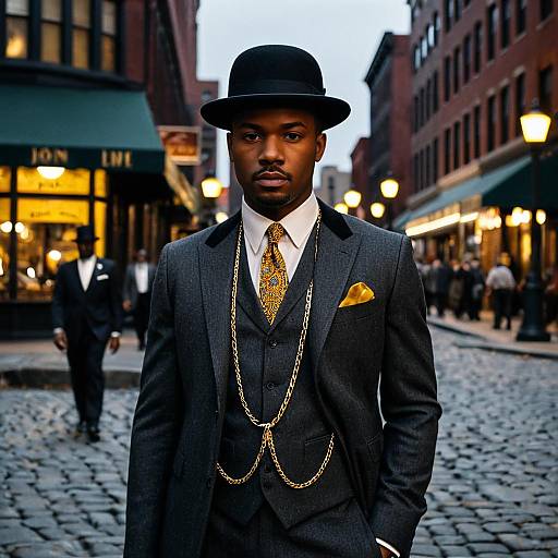 African American Man in Vintage Three-Piece Suit Standing on Cobblestone Street