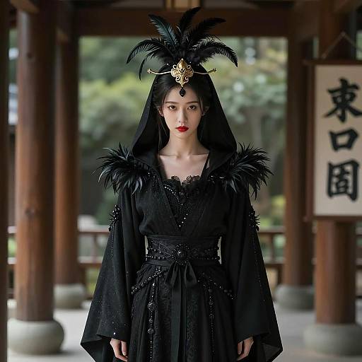 Asian Woman in Black Hooded Costume with Feathered Headdress