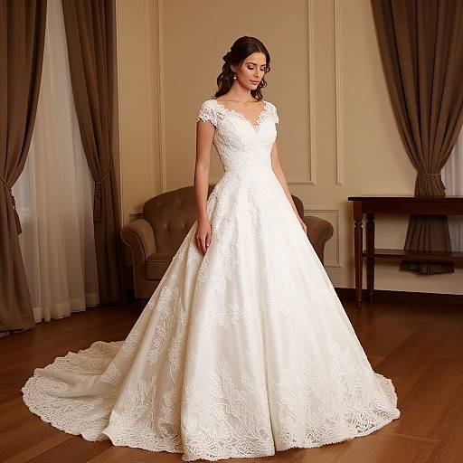 Photograph of a beautiful, dark-haired woman in an elegant white lace wedding gown with a full, trailing skirt, standing in a warmly lit, classical