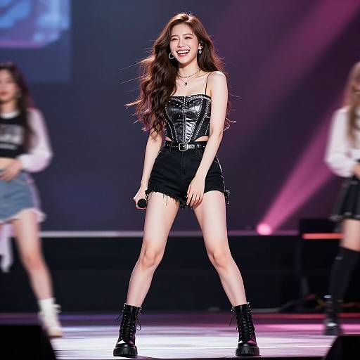 Photograph of a smiling young woman with long brown hair, wearing a black sequin crop top and high-waisted black shorts, standing on stage