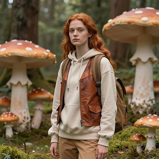 Dreamy Young Woman in Mushroom Wonderland
