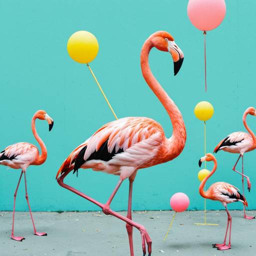 Colorful Flamingos with Balloons in Surreal Setting