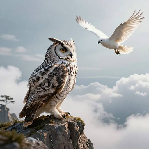 Photorealistic image of a majestic, patterned owl perched on a rocky cliff, gazing at a soaring white dove against a bright, cloudy