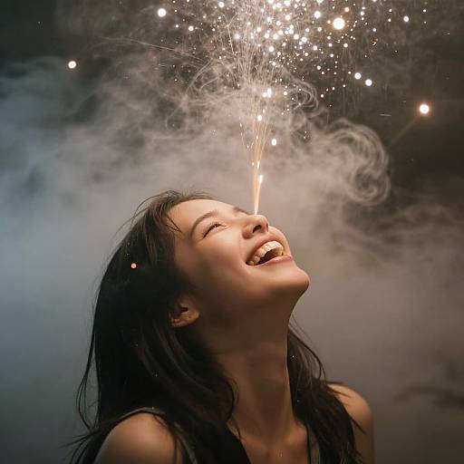 Photograph of a smiling woman with long black hair, eyes closed, laughing as sparklers create bright, smoky bursts above her head against a dark