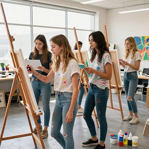 Photograph of four young women in a bright, modern art studio, painting on wooden easels, wearing white T-shirts and ripped jeans.