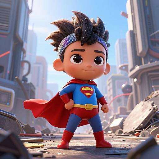 Chibi-style Superboy with black spiky hair, blue shirt, red cape, and boots stands confidently in a post-apocalyptic cityscape. CGI