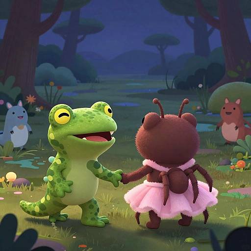 Digital illustration of a green, cartoon frog and a brown, cartoon ant holding hands in a colorful, nighttime forest, wearing a pink skirt. Other whims