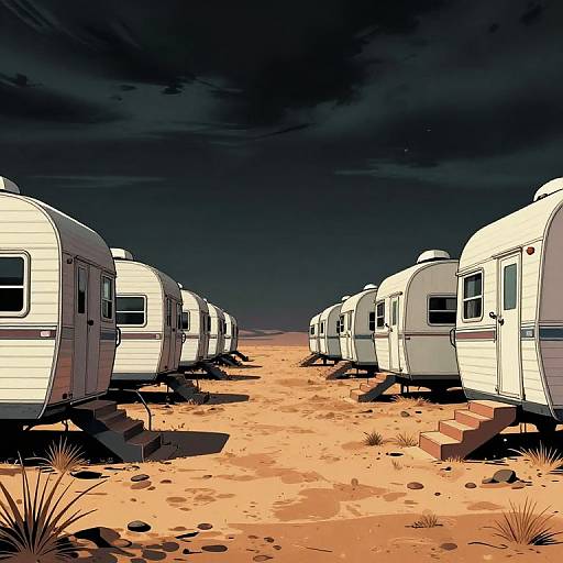 Digital art of a desolate desert night, featuring rows of white, curved RVs parked on sandy ground with sparse grass, under a dark, cloudy