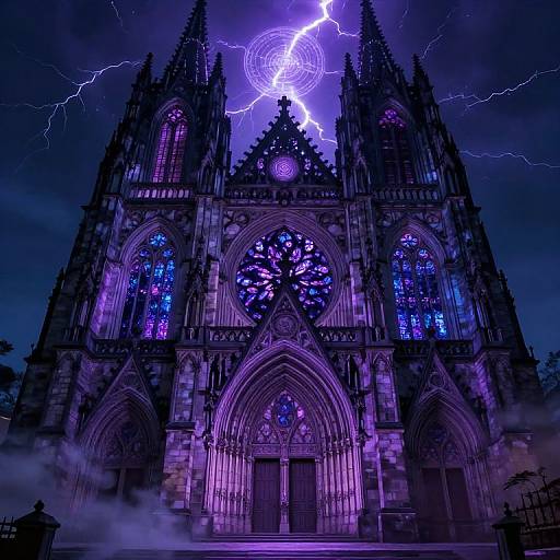 Photograph-style digital artwork of a Gothic cathedral illuminated by purple and blue lights, with a bright purple lightning bolt striking above, surrounded by dark clouds and
