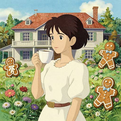 Digital anime-style illustration of a young woman with short black hair, white dress, holding a cup, standing in a vibrant garden with gingerbread cookies and