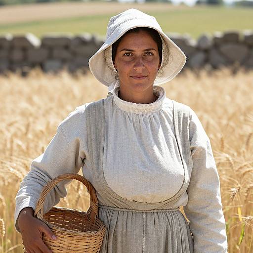 Photograph of a middle-aged woman with medium skin tone, wearing a white bonnet and dress, holding a wicker basket in a golden wheat field