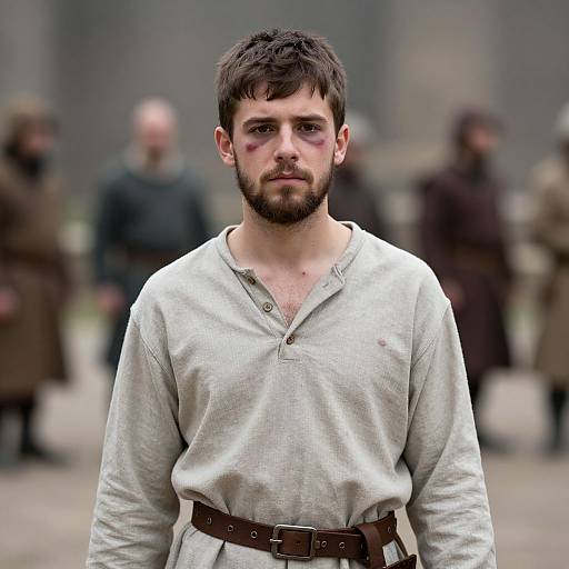 Photograph of a bearded, dark-haired man with bruised face, wearing a light grey, long-sleeved medieval shirt and brown belt,