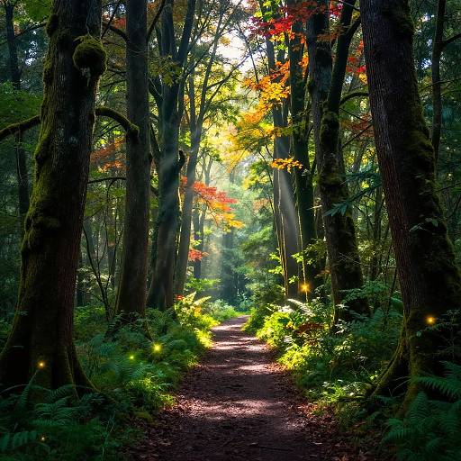 Photograph of a sunlit forest path, flanked by tall trees with vibrant autumn leaves, illuminated by dappled sunlight and glowing fireflies.