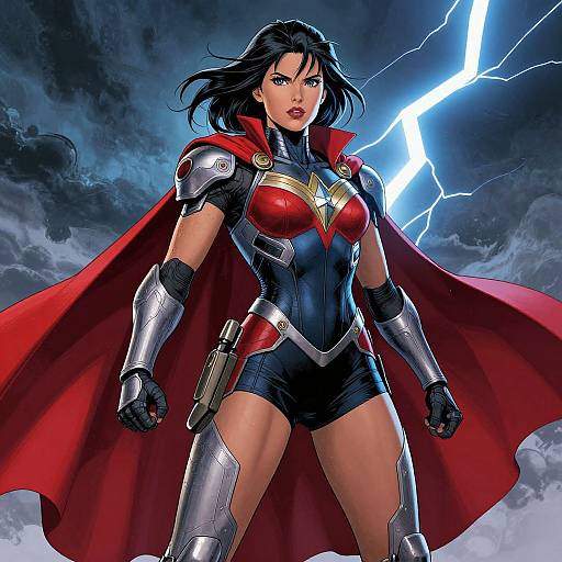 Digital comic art of fierce Supergirl with black hair, red cape, silver armor, and lightning background, standing confidently.