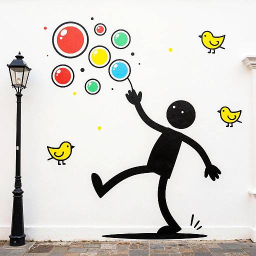 Whimsical street art mural of a black stick figure throwing colorful bubbles, with yellow birds flying, beside a black lamppost.
