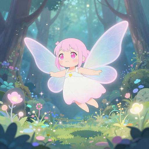Pink-Eyed Anime Fairy in Mystical Forest