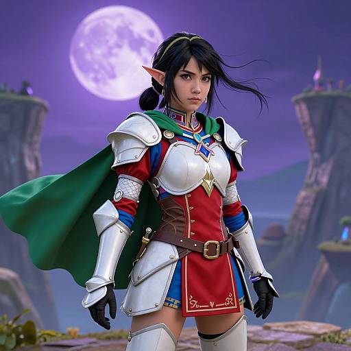 Digital art of an anime-style elf woman in white armor, red tunic, green cape, and black gloves, standing under a full moon in a