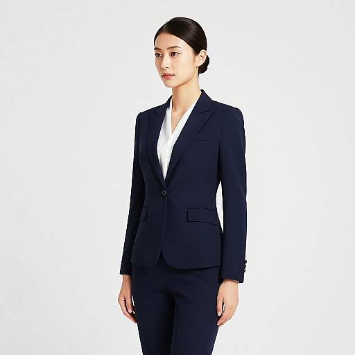 Photograph of a young Asian woman with fair skin, black hair in a neat bun, wearing a dark navy blue business suit, standing against a plain