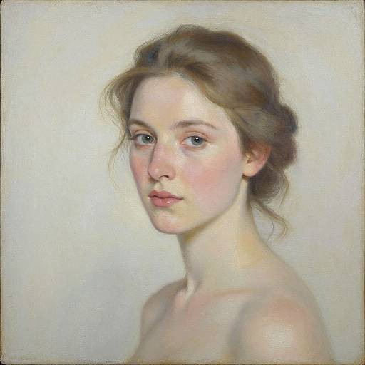 Realistic digital painting of a young, fair-skinned woman with soft brown hair, blue eyes, and subtle pink lips, against a plain white background
