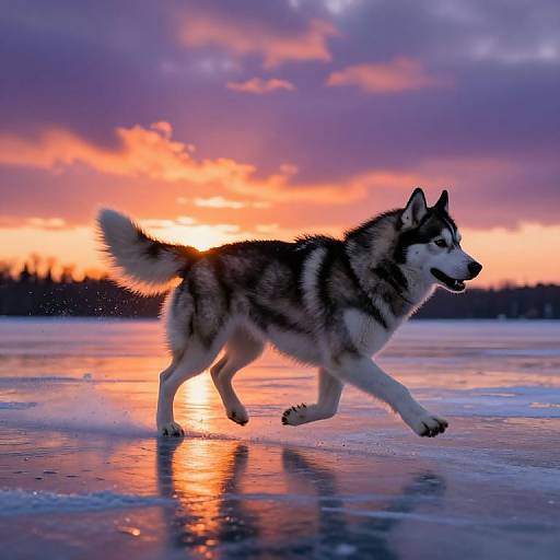 Huski Running on Icy Lake Sunset