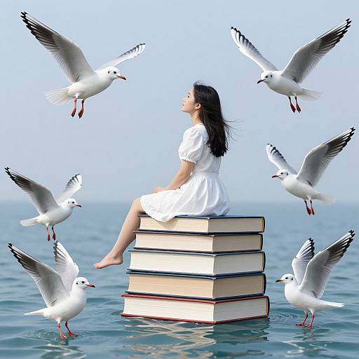 Photograph of a young woman with long black hair, wearing a white dress, sitting on a stack of books, surrounded by flying seagulls over