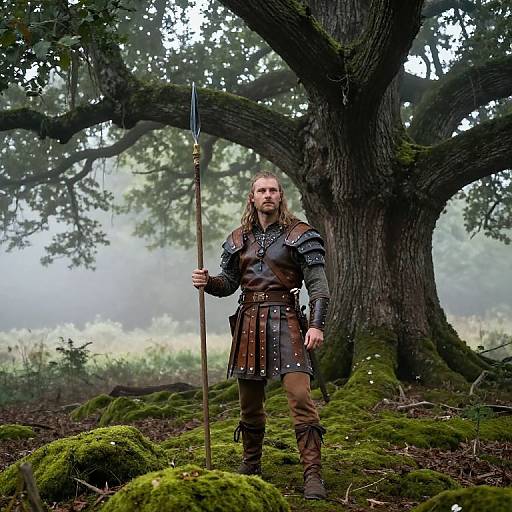 Photograph of a Viking warrior with long blonde hair, wearing leather armor and brown boots, holding a spear, standing in a misty forest with moss