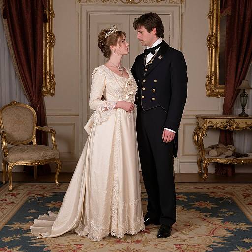Photograph of a bride in a white lace gown and tiara, standing beside a groom in a black double-breasted suit, in an ornate