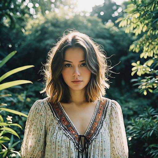 Young Woman with Babylights Hairstyle in Botanical Garden