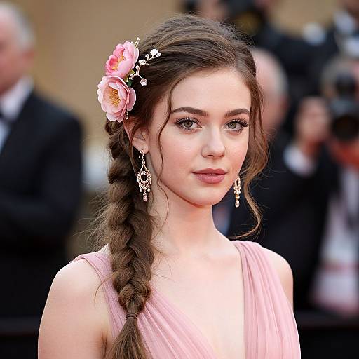 Photograph of Emma Watson at a red carpet event, wearing a pink gown, braided hair adorned with pink flowers, and elegant dangling earrings. Background