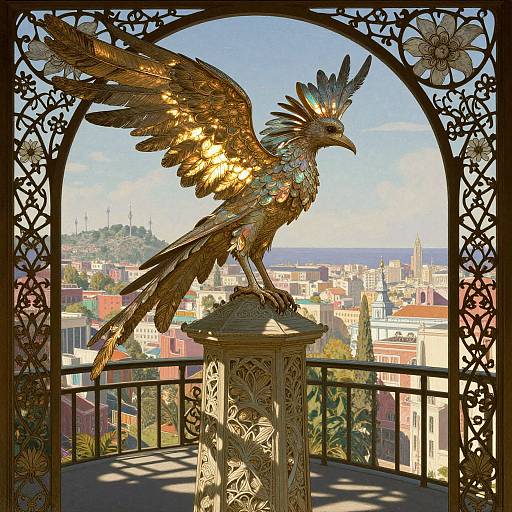 Golden phoenix statue with radiant wings, perched on ornate pedestal, framed by intricate iron arch, overlooking vibrant cityscape below.