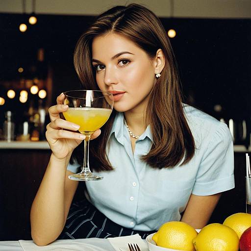 Young Woman in Cocktail Attire Drinking Lemon Cocktail