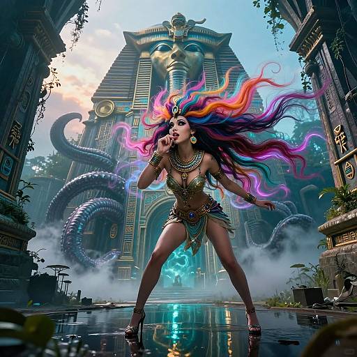 Digital fantasy artwork: Vibrant, long-haired warrior woman with colorful hair, gold jewelry, and revealing armor, stands confidently in front of ancient temple with