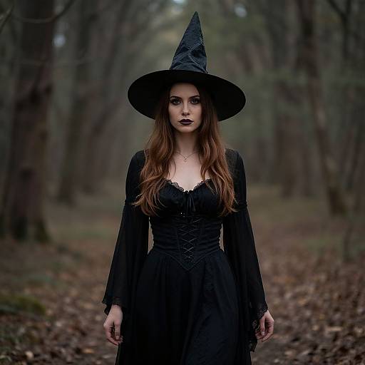 Photograph of a pale-skinned woman with long brown hair, wearing a black witch hat and dress, standing in a foggy forest.