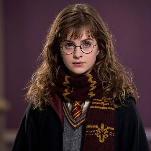 Photograph of a young girl with wavy brown hair, round glasses, wearing a Hogwarts robe, striped tie, and brown scarf with yellow patterns,