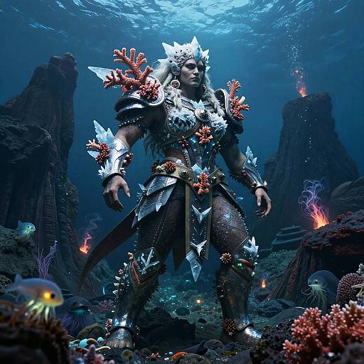 Digital artwork of a muscular, armored underwater warrior with coral and metallic decorations, standing in a dark, bioluminescent ocean cave.