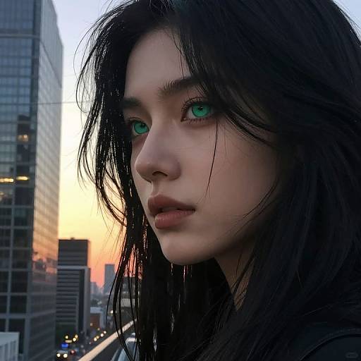 Photograph of a young Asian woman with long black hair, striking green eyes, pale skin, and serious expression, standing in a cityscape at sunset