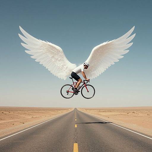 Photograph of a cyclist with white angel wings, wearing a helmet and black shorts, flying above a desert road.
