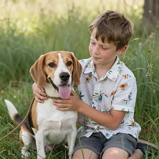 Young Boy with Beagle in Sunlit Grass
