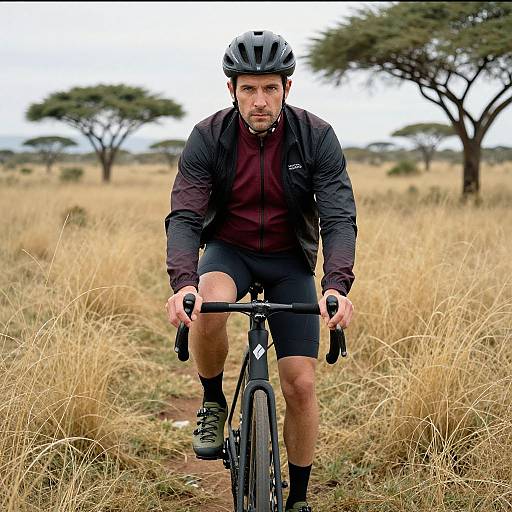 Photograph of a determined male cyclist in black helmet, maroon jacket, and black shorts, riding through a grassy savanna with acacia trees