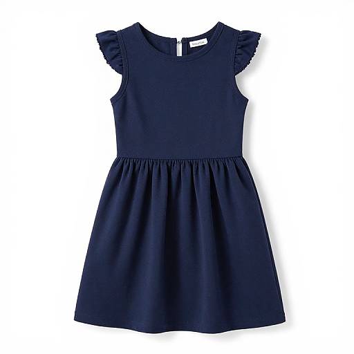 Photograph of a dark navy blue, sleeveless, short-ruffled dress with a gathered waist, displayed against a plain white background.