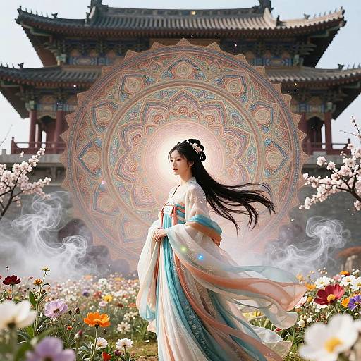 Photorealistic Hanfu Beauty Amid Mandala Chaos