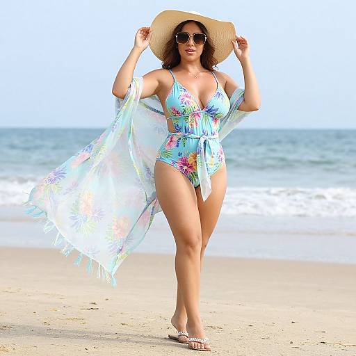 Photograph of a curvy woman with tan skin, wearing a colorful floral one-piece swimsuit, translucent shawl, wide-brimmed straw hat